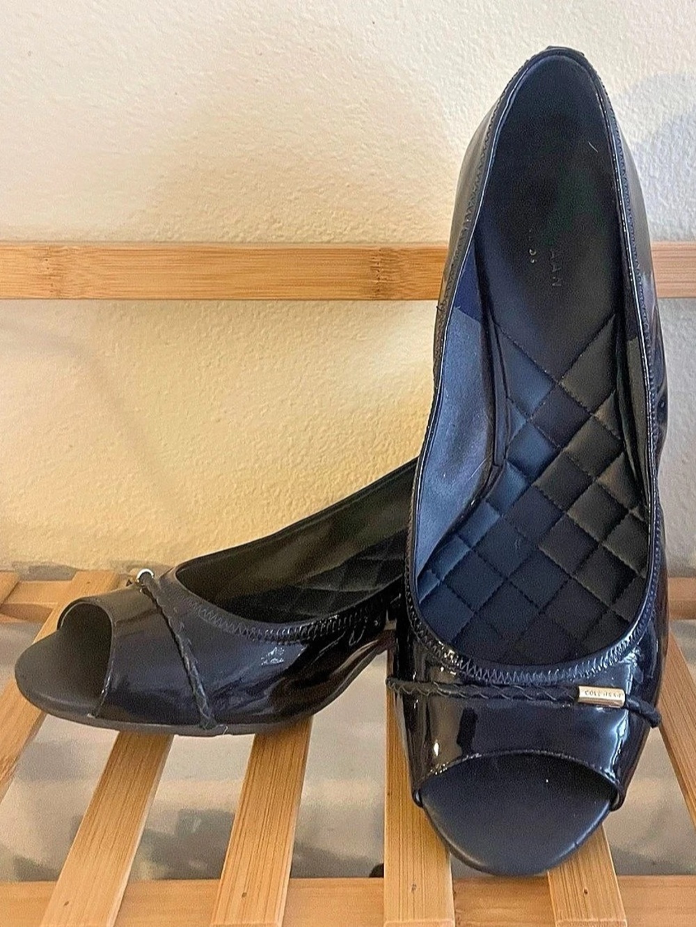 Cole Haan Patent Leather Navy Peep Toe Wedges